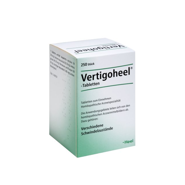 Verpackung von Vertigoheel-Tabletten, homöopathisches Mittel zur Behandlung von Schwindel, in einer Kartonbox.