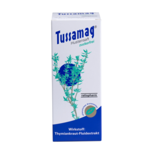 Verpackung des Tussamag Hustenstifts in einer weißen Box mit grünem Thymianblatt-Design und blauer Schrift.