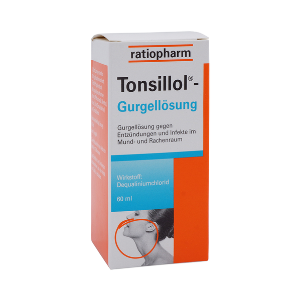 Verpackung von Tonsillol Gurgelösung mit orange-blauem Design zur Behandlung von Entzündungen im Mund- und Rachenraum.