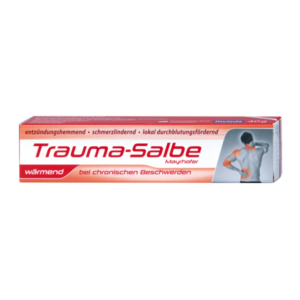 Tube Trauma-Salbe mit wärmender Wirkung zur Linderung chronischer Beschwerden, leicht rötlicher Verpackung.