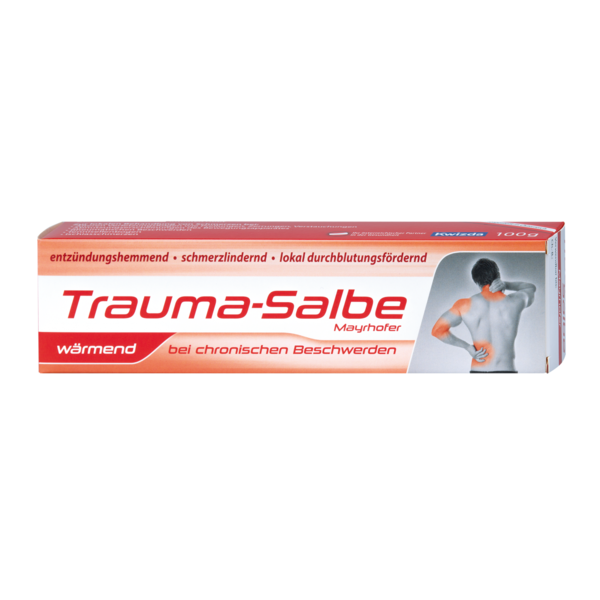 Verpackung einer Trauma-Salbe in einer roten Schachtel, die entzündungshemmende und schmerzlindernde Eigenschaften bewirbt.