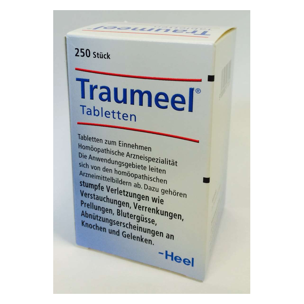 Packung mit 250 homöopathischen Traumeel Tabletten zur Behandlung stumpfer Verletzungen und deren Symptome.