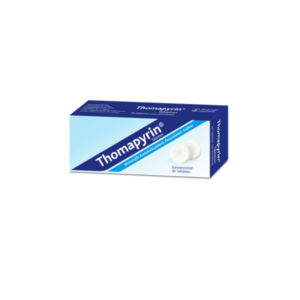 Packung Thomapyrin mit 30 Tabletten, Wirkstoffe: Acetylsalicylsäure, Paracetamol, Coffein, gegen Schmerzen.