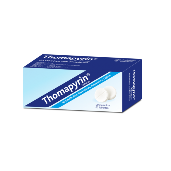 Packung Thomapyrin mit 60 weißen Tabletten, Wirkstoffe sind Acetylsalicylsäure, Paracetamol und Coffein.