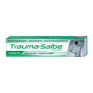 Verpackung der Trauma-Salbe Mayrhofer in einer Tube, kühlt und hilft bei akuten Verletzungen.