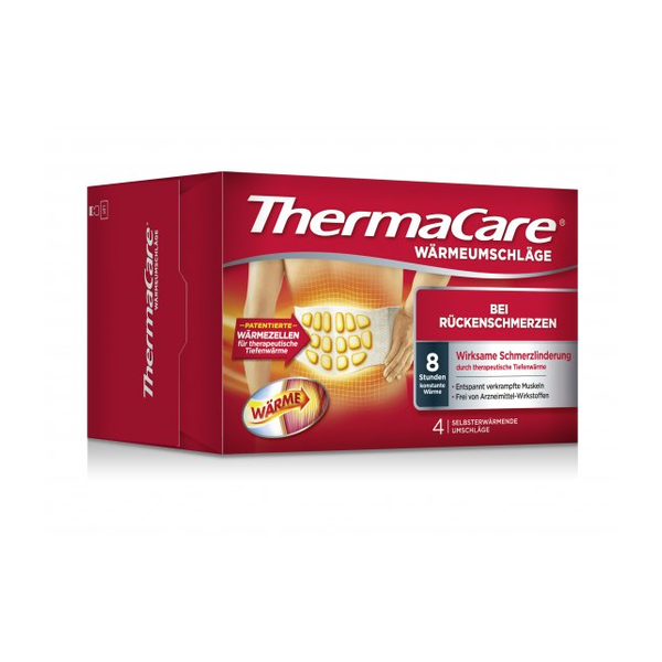 Verpackung von ThermaCare Wärmepflastern für Rückenbeschwerden mit Hinweis auf 8 Stunden Wärme und schmerzlindernde Wirkung.