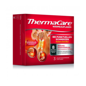 Packung mit ThermaCare Wärmeauflagen für punktuelle Schmerzlinderung, betont konstante Wärme und flexible Anwendung.