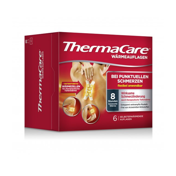 Verpackung von ThermaCare Wärmepflastern zur Behandlung punktueller Schmerzen, flexible Anwendung, Selbstwärme, 8 Stunden Wirkung.