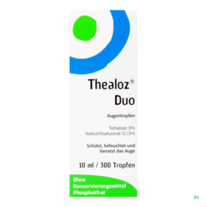 Verpackung von Thealoz Duo Augentropfen mit Informationen zu Inhaltsstoffen und Anwendung.
