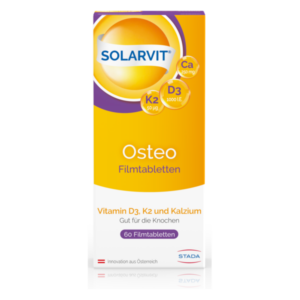 Verpackung von Solarvit Osteo Filmtabletten mit Angaben zu Vitamin D3, K2 und Kalzium für die Knochengesundheit.