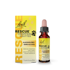 Flasche mit Rescue Tropfen für Tiere, alkohol- und farbstofffrei, in gelber Verpackung mit Pfotenabdruck.