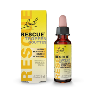 Flasche mit Bach Rescue Tropfen in einer gelben Verpackung, 10 ml, zur Stressbewältigung.