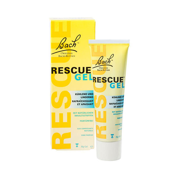 Röhrchen mit Rescue Gel von Bach in einer gelben Verpackung, kühlend und lindernd, naturbelassene Inhaltsstoffe.
