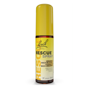 Gelbes Sprayfläschchen mit dem Aufdruck "Rescue Spray" von Bach, 20ml, im Fokus steht das Logo und die Produktbezeichnung.