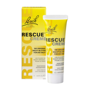 Rettungscreme von Bach in gelber Verpackung, 50ml Tube mit Informationen zu Inhaltsstoffen und Verwendung.