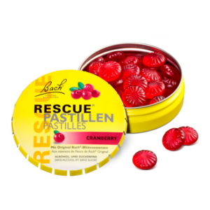 Gelbe Dose mit roten Cranberry-Pastillen, versehen mit Schriftzug "Rescue" und "Bach".