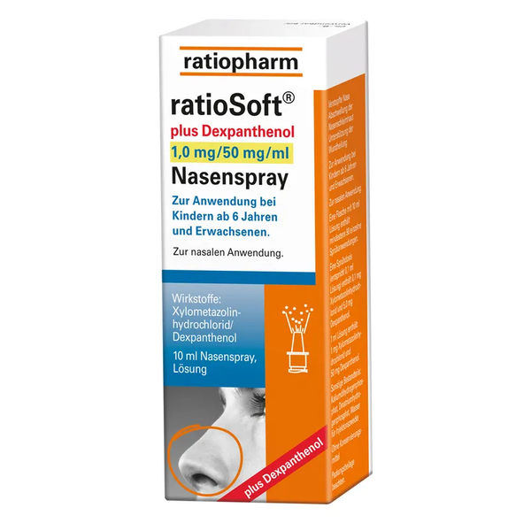 Verpackung eines Nasensprays von ratio pharm mit Dexpanthenol, für Kinder ab 6 Jahren und Erwachsene, zur nasalen Anwendung.