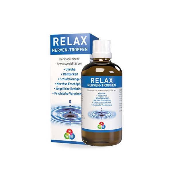 Braune Flasche mit homöopathischen Tropfen namens "RELAX NERVEN-TROPFEN" und deren Verwendungshinweisen auf der Verpackung.
