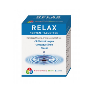 Verpackung mit Relax Nerventabletten, die bei Schlafstörungen, Angstzuständen und Stress helfen sollen.