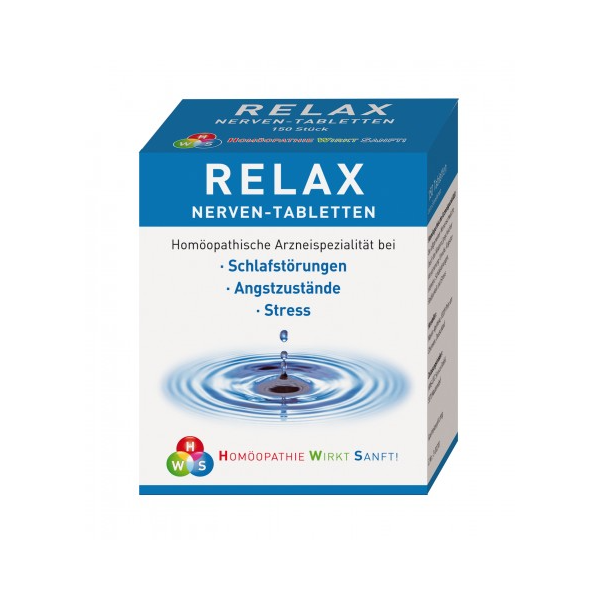 Verpackung mit Relax Nerventabletten, die bei Schlafstörungen, Angstzuständen und Stress helfen sollen.