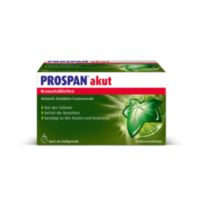 Packung PROSPAN akut Brausetabletten mit Efeublätter-Extrakt, für die Linderung von Husten und Bronchialproblemen.