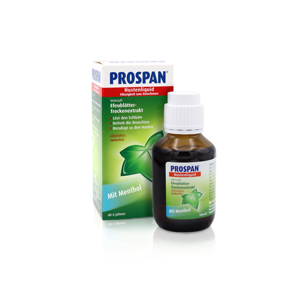 Braune Flasche mit Hustensirup, umgeben von einer grünen Verpackung, beide mit der Aufschrift "Prospan" und Informationen zur Anwendung.