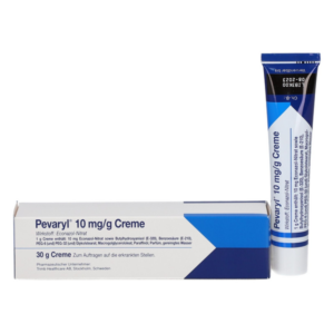 Pevaryl 10 mg/g Creme in einer Tube mit einem weißen Karton, der die Anwendung beschreibt.