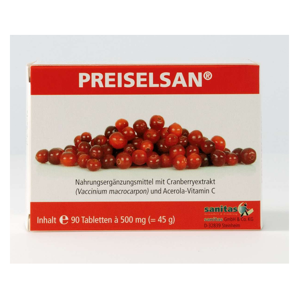 Verpackung von Preiselsan, einem Nahrungsergänzungsmittel mit Cranberryextrakt und Acerola-Vitamin C.