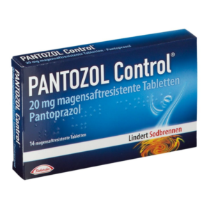 PANTAZOL Control Packung mit 14 magensaftresistenten Tabletten, die Pantoprazol enthalten, zur Linderung von Sodbrennen.