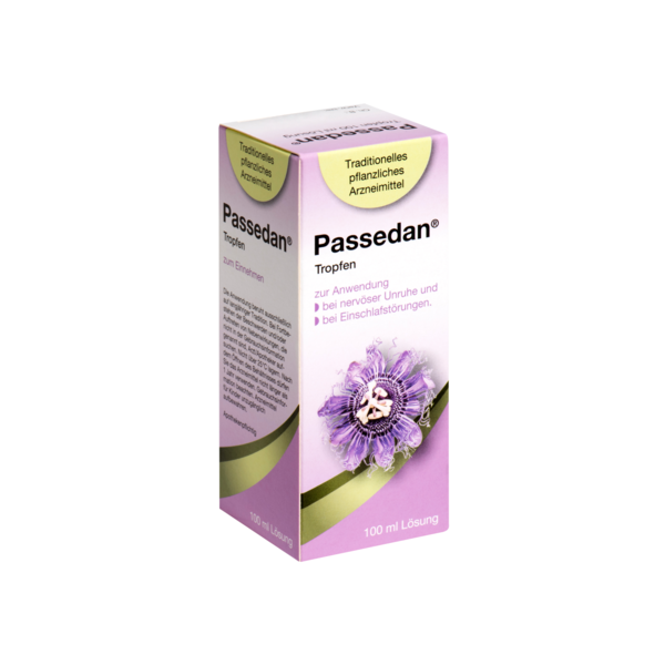 Verpackung von Passedan Tropfen, einem pflanzlichen Arzneimittel zur Linderung von nervöser Unruhe und Schlafstörungen.
