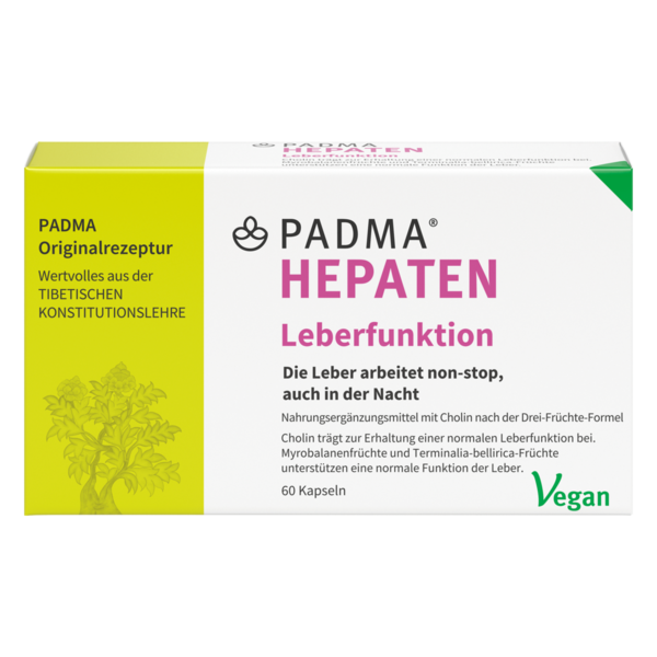 Verpackung eines Nahrungsergänzungsmittels für die Leber mit Aufschrift und pflanzlichem Design.