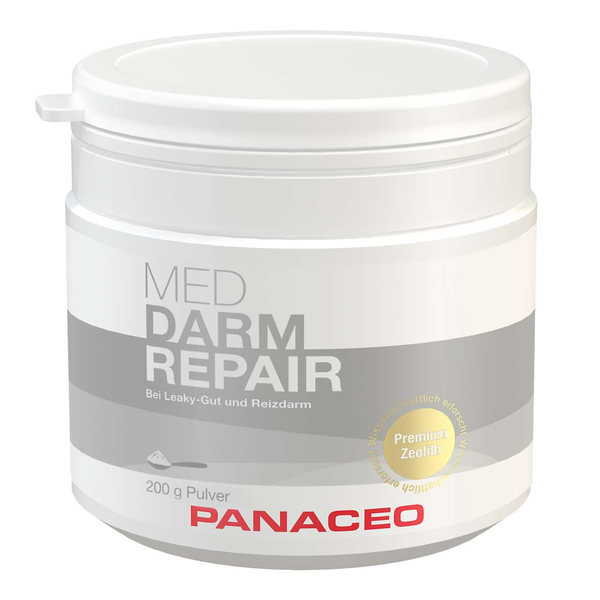 Weißer Pulverbehälter mit grauem Etikett, beschriftet mit 'MED DARM REPAIR' und Informationen zu Anwendung und Inhalt.