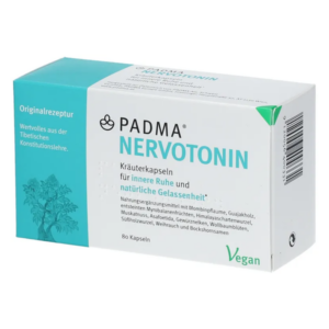 Verpackung von PADMA NERVOTONIN Kräuterkapseln, vegan, zur Unterstützung von innerer Ruhe und Gelassenheit.