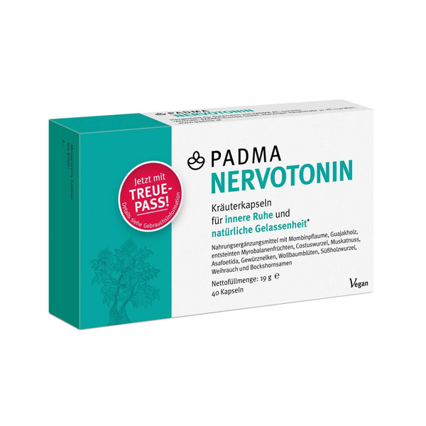 Verpackung der PADMA NERVOTONIN Kräuterkapseln für innere Ruhe und Gelassenheit, vegan, mit Zutatenliste.
