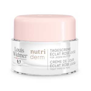 Glasbehälter für Tagescreme mit rosafarbenem Deckel und Beschriftung, geeignet für jeden Hauttyp.