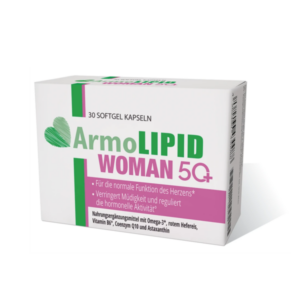 Verpackung mit Softgel-Kapseln ArmoLIPID WOMAN 5Q+, betont Herzfunktion und hormonelle Aktivität.