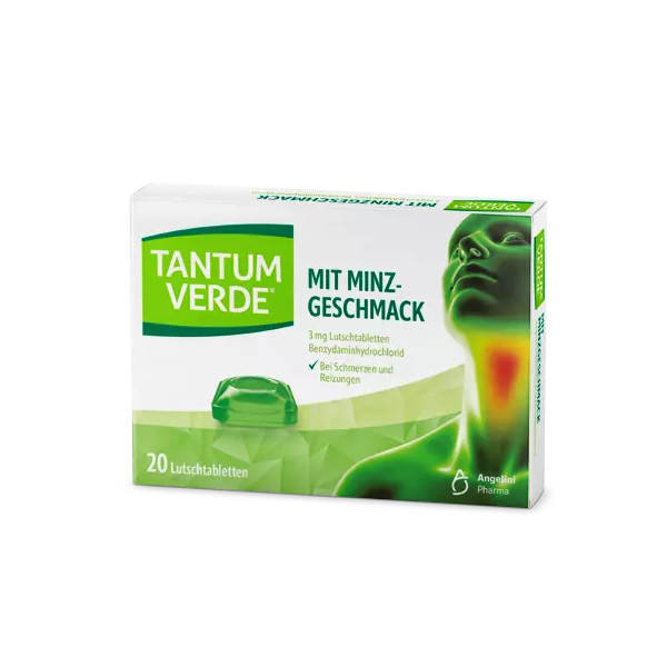 Verpackung von Tantum Verde Lutschtabletten mit Minzgeschmack zur Linderung von Schmerzen und Reizungen im Hals