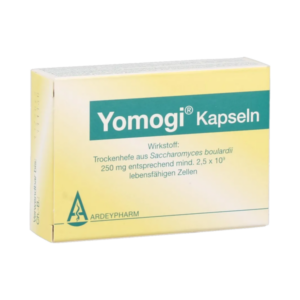 Verpackung von Yomogi Kapseln mit Informationen über den Wirkstoff und Hersteller.
