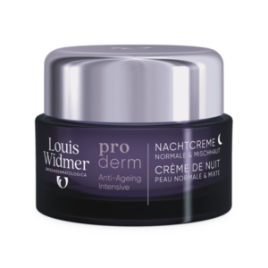 Lila Nachcreme im Glasbehälter von Louis Widmer, für normale und Mischhaut, mit Anti-Aging-Wirkung.