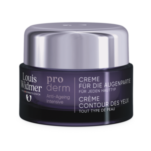 Lila Augencreme von Louis Widmer in einem runden Glasbehälter mit silbernem Deckel und mehrsprachiger Beschriftung.