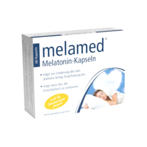 Packung mit melamed Melatonin-Kapseln, die zur Linderung von Jetlag-Symptomen und zur Verkürzung der Einschlafzeit beitragen.