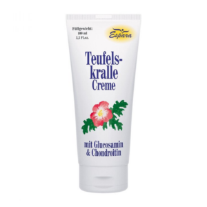 Weiße Tube mit Aufschrift "Teufelskralle Creme" und einer Blüte, Inhalt 100 ml, enthält Glucosamin und Chondroitin.