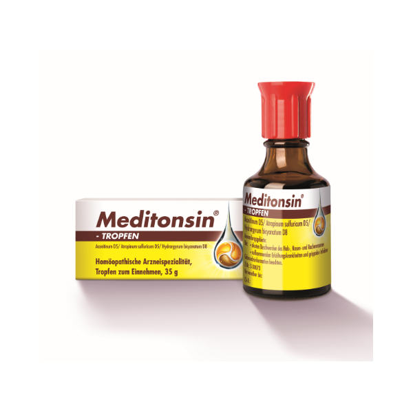 Flasche mit homöopathischen Tropfen "Meditonsin", braun, mit rotem Deckel und Verpackung nebenan.