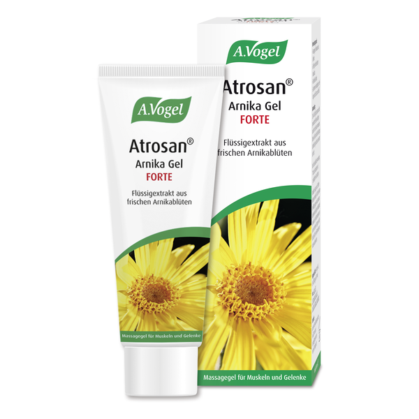 Tube und Verpackung von Atrosan Arnika Gel Forte, ein Massagegel für Muskeln und Gelenke, mit gelber Arnikablüte auf dem Design.