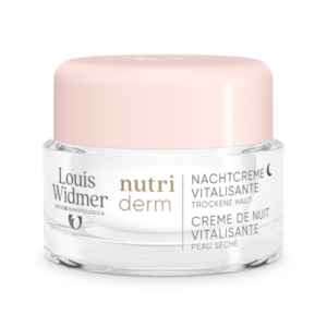 Glasbehälter mit rosa Deckel, enthält Nachtcreme für trockene Haut von Louis Widmer, beschriftet mit "nutri derm".