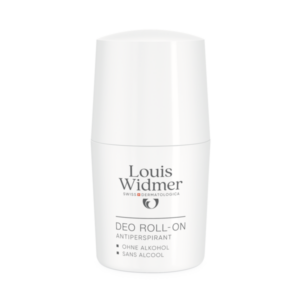 Weißer Roll-On Deo von Louis Widmer, alkoholfrei, mit klarer Beschriftung und runder Kappe.