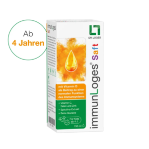 Verpackung des immunLoges Saftes mit orangefarbener Flüssigkeitsdarstellung und Hinweisen zu Inhaltsstoffen und Anwendung.