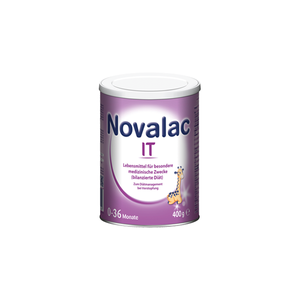 Packung mit Nahrung für besondere medizinische Zwecke, geeignet für Säuglinge bis 36 Monate, mit lila Design und Giraffensymbol.