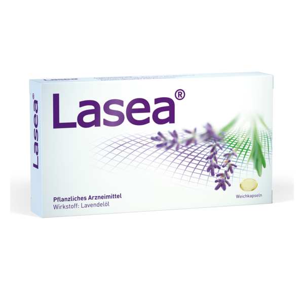 Verpackung von Lasea, einem pflanzlichen Arzneimittel mit Lavendelöl. Weichkapseln in der Box.