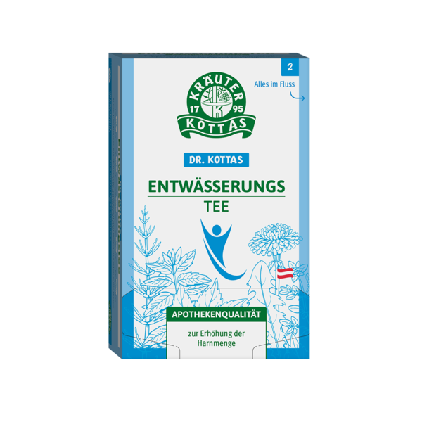 Verpackung von Dr. Kottas Entwässerungstee, apothekenübliche Qualität mit Pflanzenmotiven.